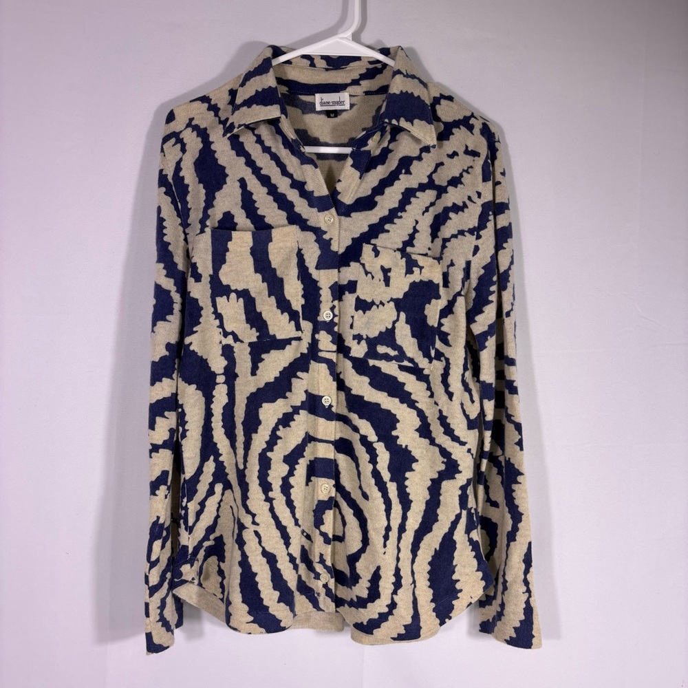 Diane Snyder Blue & Cream 100% Cashmere Zebra Button-Up Lightweight Cardigan